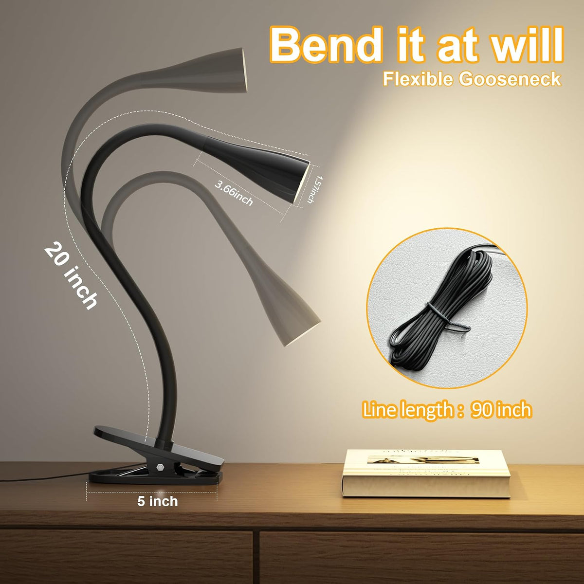 LED Reading Light, Eye-Caring Book Light for Reading in Bed, 360° Flexible Clip on headboard lamp, 5W 3000k Desk Lamp with Clamp for Bedroom, Office, Painting, Workbench and Sewing, White