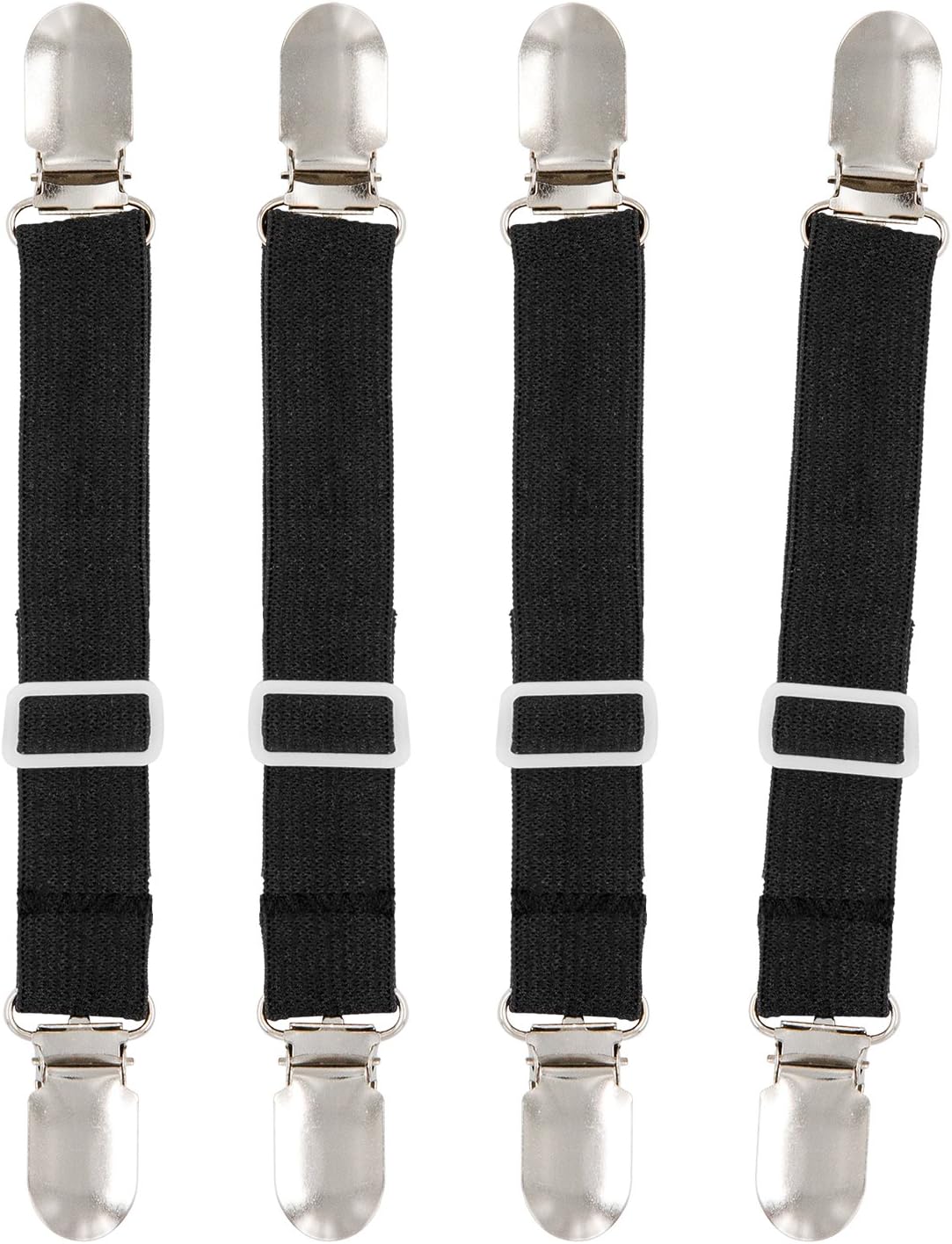 BetyBedy 4Pcs Adjustable Bed Sheet Fasteners Suspenders, Elastic Sheet Band Straps Clips, Cover Grippers Suspenders Holder for Mattress Pad Cover, Sofa Cushion (Black)