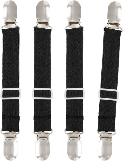 BetyBedy 4Pcs Adjustable Bed Sheet Fasteners Suspenders, Elastic Sheet Band Straps Clips, Cover Grippers Suspenders Holder for Mattress Pad Cover, Sofa Cushion (Black)