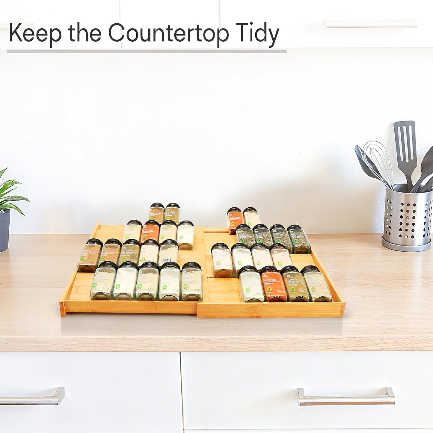 Bamboo Spice Drawer Organizer, 4-Tier Spice Rack for Cabinet | 12"-23" Expandable,No Assembly,Seasoning Storage Insert,(Need 3.1” Deep Drawer) Spice Organizer for Drawer,Jars Not Included