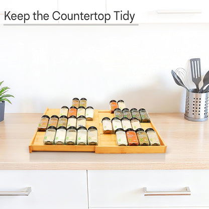 Bamboo Spice Drawer Organizer, 4-Tier Spice Rack for Cabinet | 12"-23" Expandable,No Assembly,Seasoning Storage Insert,(Need 3.1” Deep Drawer) Spice Organizer for Drawer,Jars Not Included