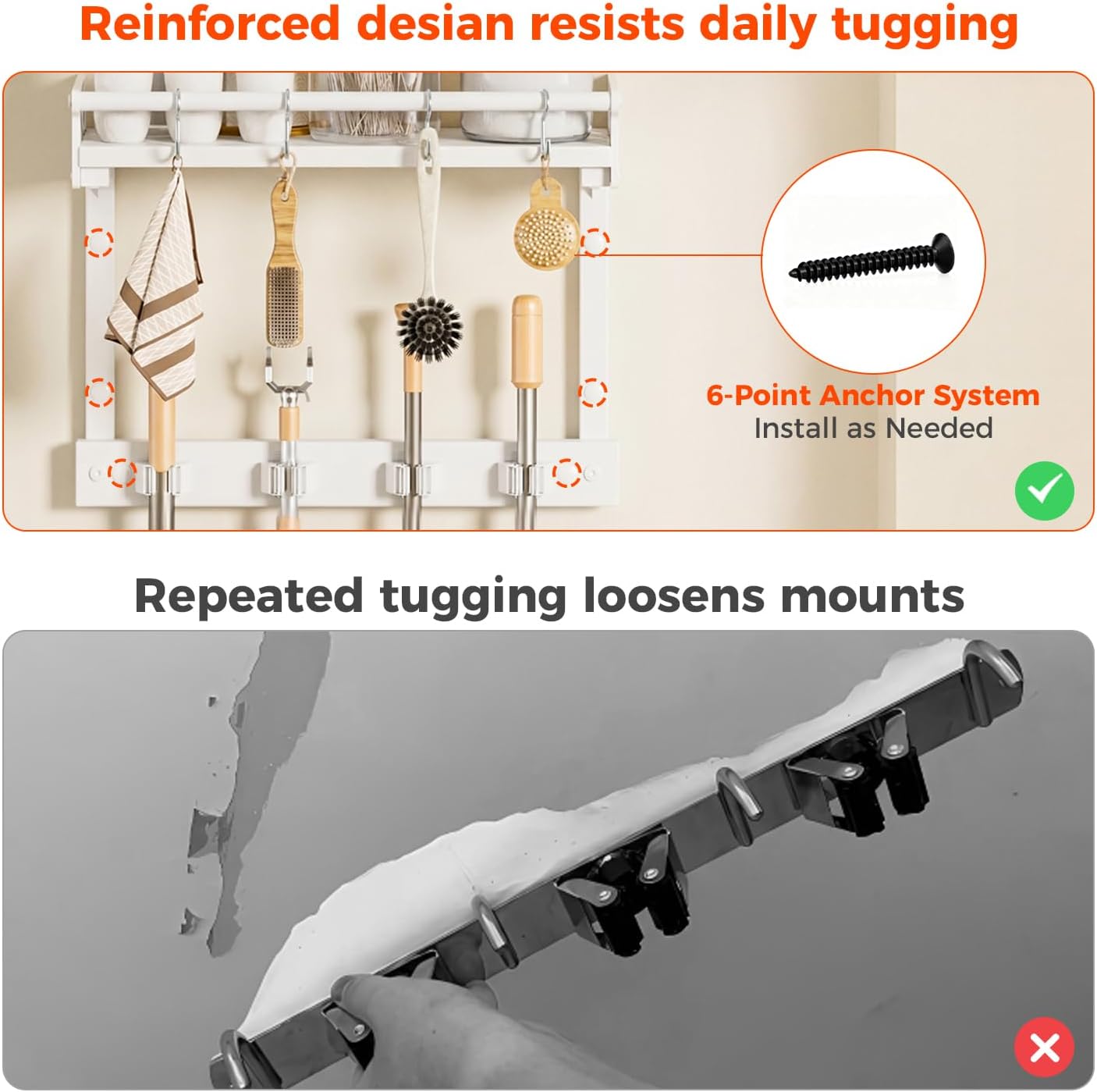 Broom Holder Wall Mount with Shelf, Black, L | 3 in 1 Broom and Mop Organizer, Wall Hanging, For Laundry, Garage, Utility, Vacuum Stand Alternative