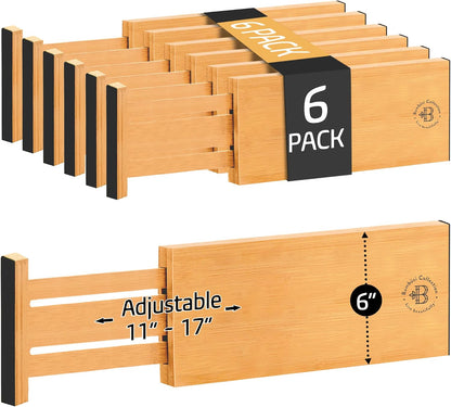 6-Pack Deep Drawer Dividers 4-Inch High Dresser Drawer Organizer, Bamboo | Adjustable 11.5-17 Inch Spring-Loaded Separators for Clothes, Utensils, Socks, Bedroom, Bathroom, Kitchen, Office, No Tools