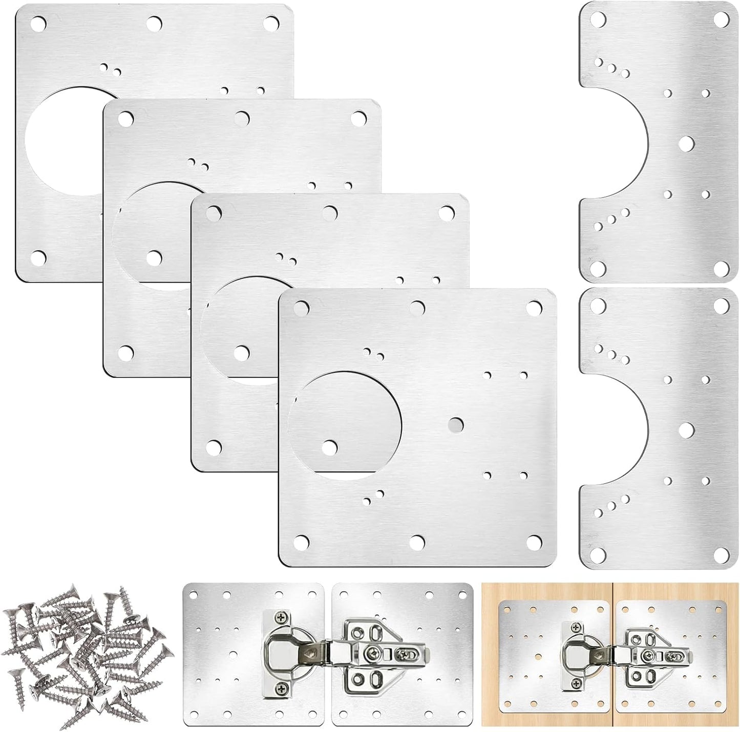 6 Pcs Cabinet Hinge Repair Plate Cabinet Repairs Kit 2 Sizes | Stainless Steel, Hinge Repair Board, with Mounting Screw, Cabinets Fixing Plate Bracket, for Kitchen Cupboard Door Cabinets