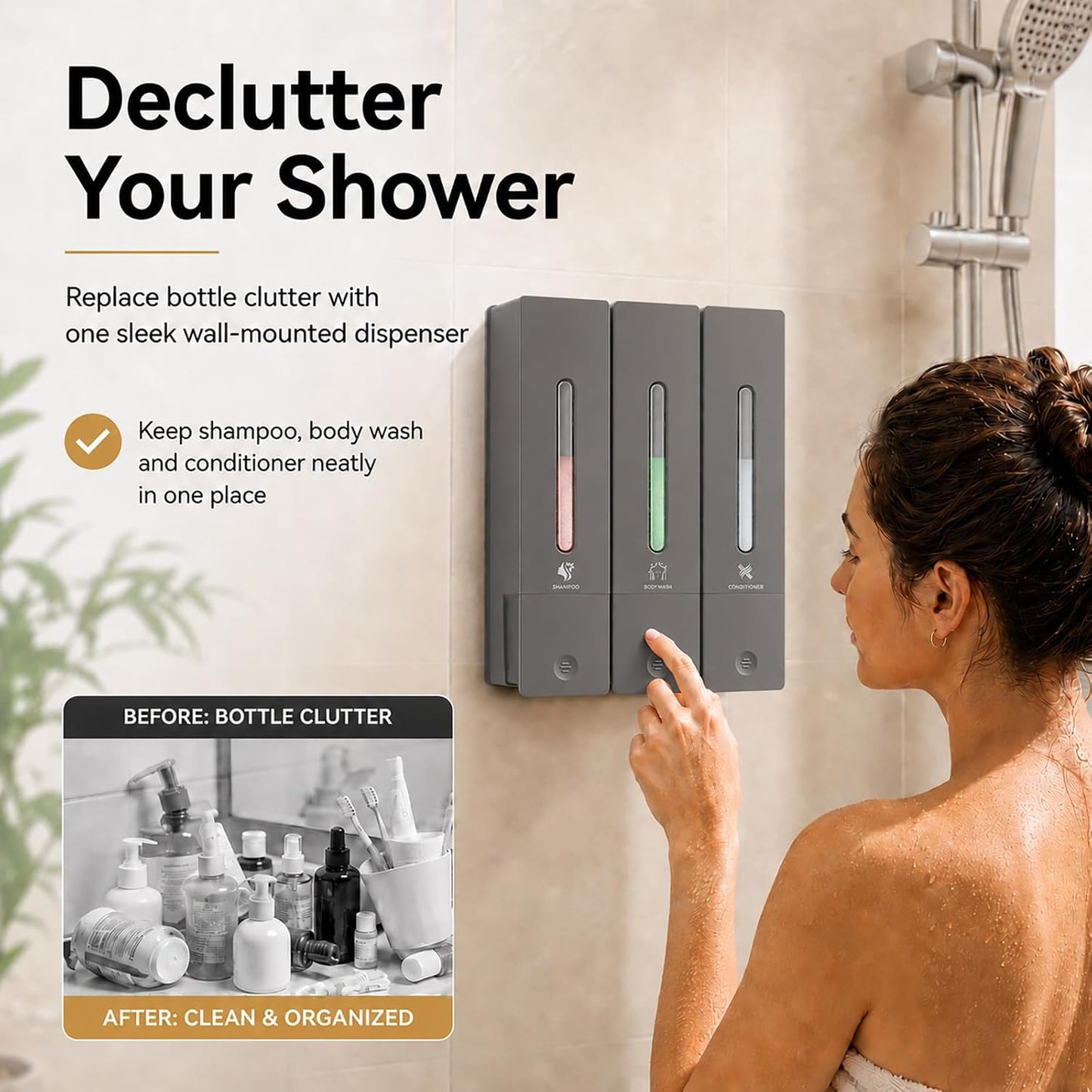 Shampoo and Conditioner Dispenser - Wall-Mounted 3-Chamber Shower Soap Dispenser, No-Drill, 1200ML Capacity, for Bathroom & Hotel