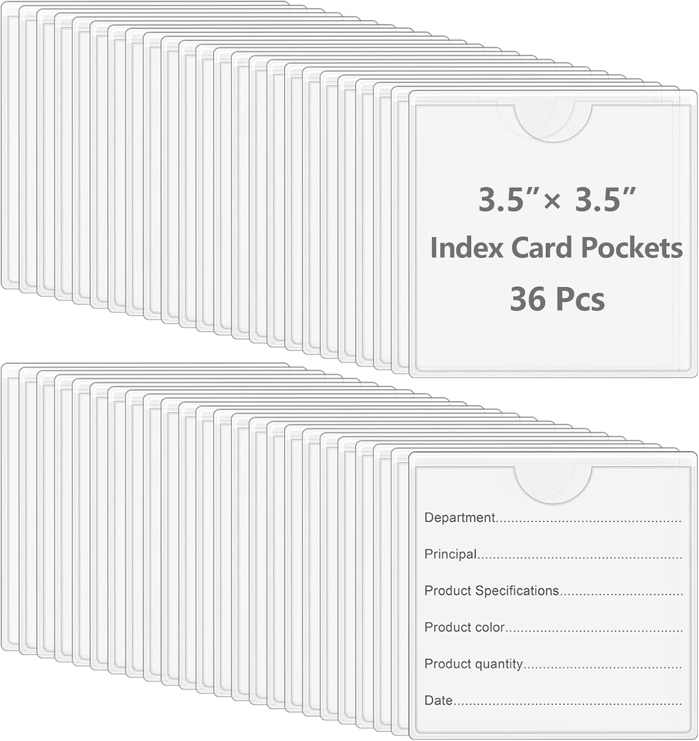 36 Pack 3" x 5" Adhesive Index Card Holders Clear PVC Label Holders | Top-loading label pockets, removable adhesive, clear PVC, for bins, shelves, totes, library and office use