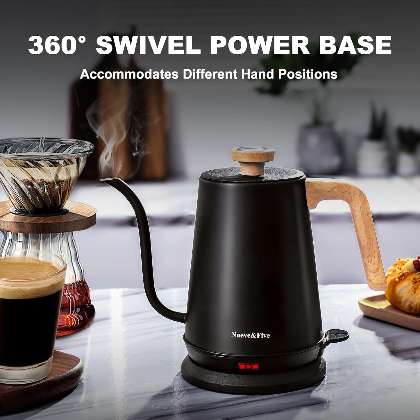 Nueve&Five Electric Gooseneck Kettle with Thermometer, 1.0L Pour Over Hot Water Kettle for Coffee and Tea, 1000W, Auto Shutoff, Boil-Dry Protection, Matte Black