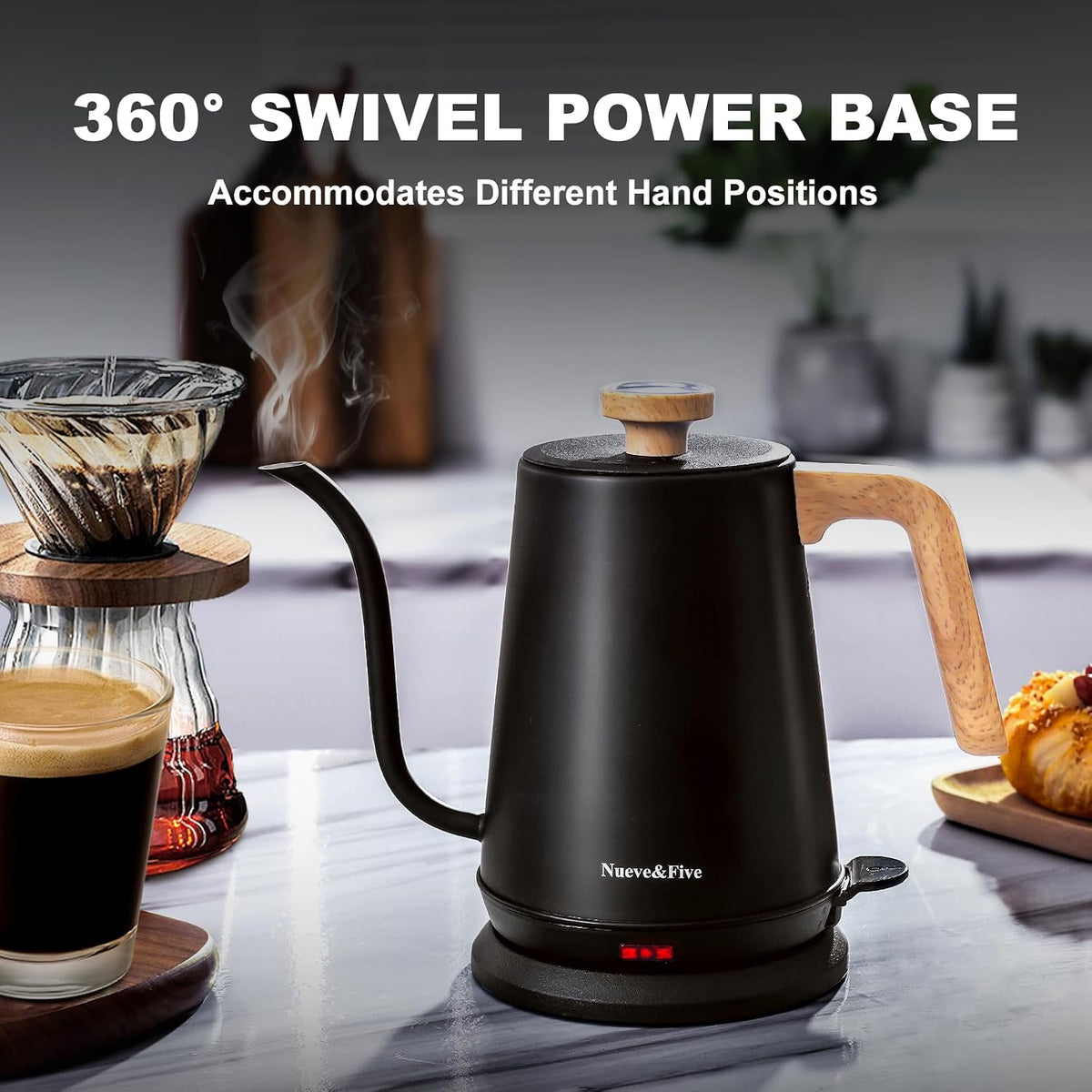 Nueve&Five Electric Gooseneck Kettle with Thermometer, 1.0L Pour Over Hot Water Kettle for Coffee and Tea, 1000W, Auto Shutoff, Boil-Dry Protection, Matte Black