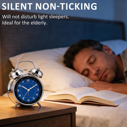 4.5" Metal Loud Alarm Clock for Heavy Sleepers Adults, Analog Battery Operated Alarm Clock with Bells Glow in Dark Numbers, Silent Old School Bedside Desk Clock for Bedroom Office Kids, Black