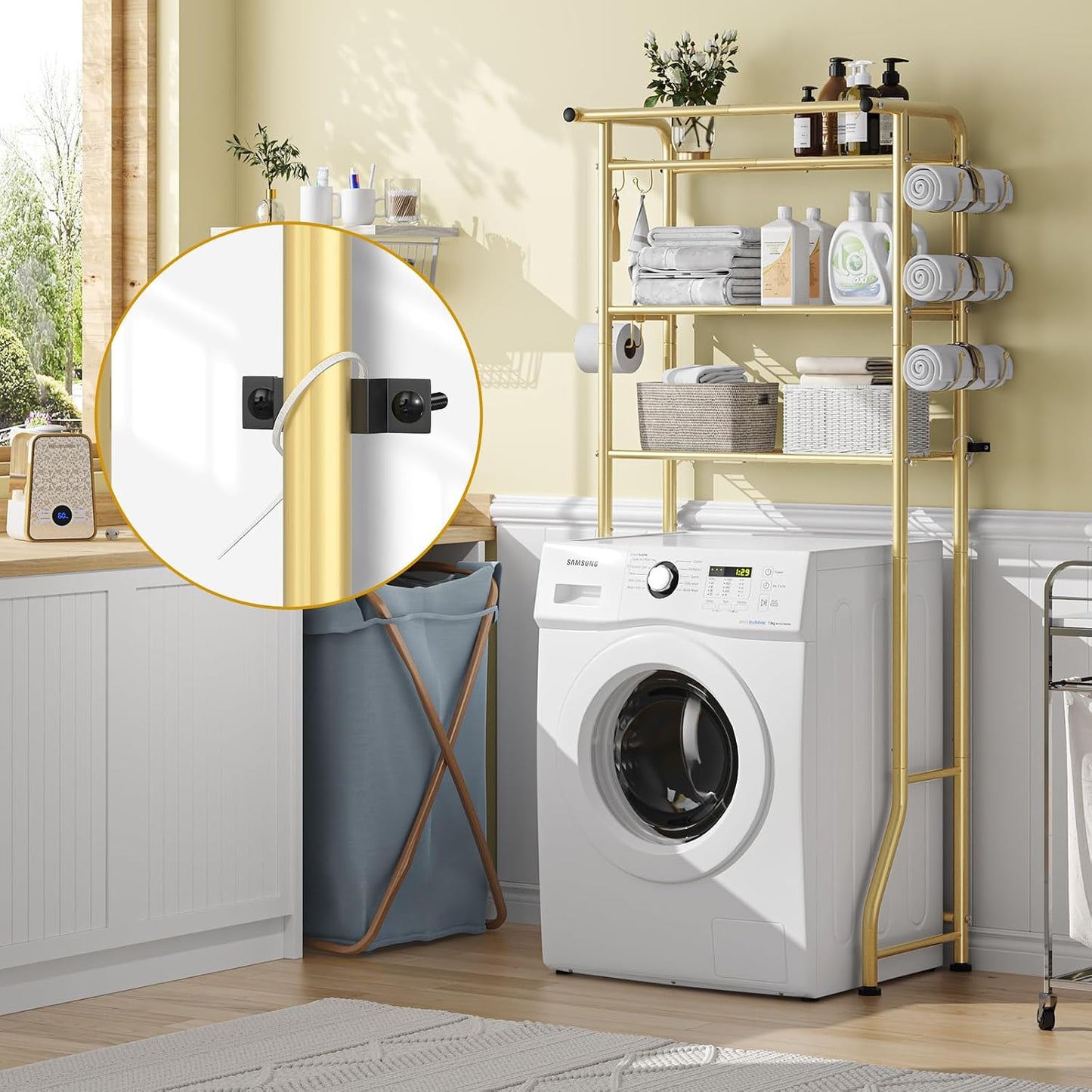 Simple Trending Over The Toilet Storage Cabinet, Metal Bathroom Shelf Organizer with Paper Holder and Hooks, 3 Tier, Black