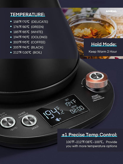 Electric Gooseneck Kettle Temperature Control, Pour Over Electric Kettle for Coffee and Tea, 100% Stainless Steel Inner, 1200W Rapid Heating, 0.8L, Built-in Stopwatch, Matte Black
