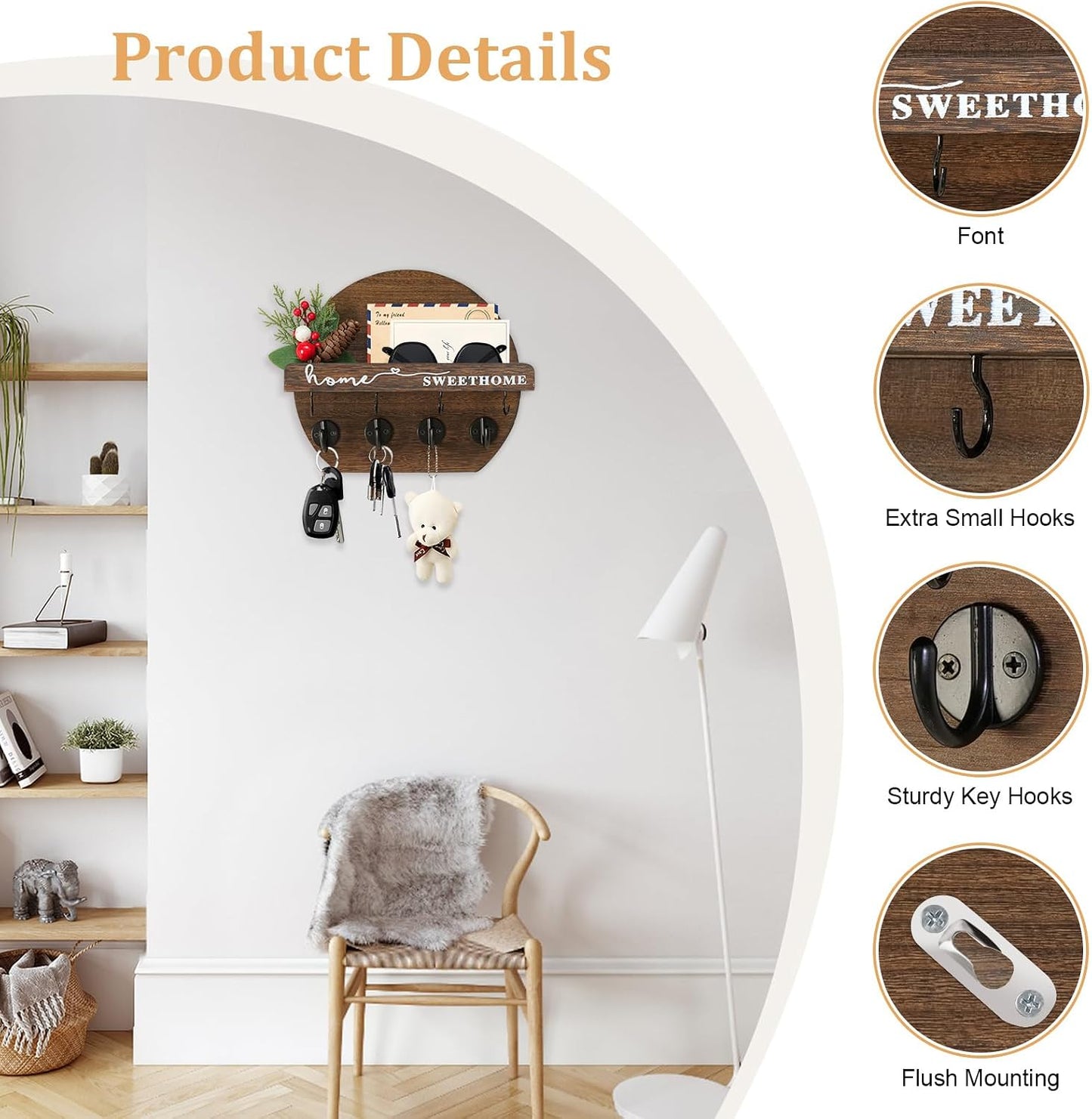 Key Holder for Wall, Key and Mail Holder Organizer - Key Holder Wall Mount with Bouquet Shelf and Key Hooks, Round Wooden Rustic Key Rack for Entryway and Home Decor (Black)