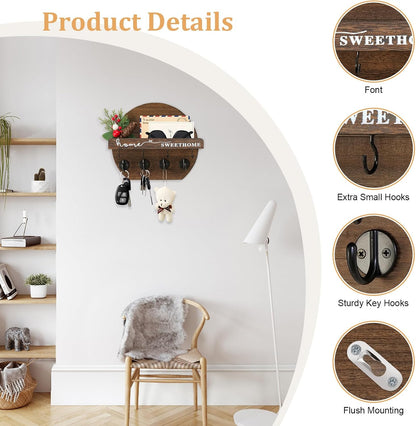Key Holder for Wall, Key and Mail Holder Organizer - Key Holder Wall Mount with Bouquet Shelf and Key Hooks, Round Wooden Rustic Key Rack for Entryway and Home Decor (Black)