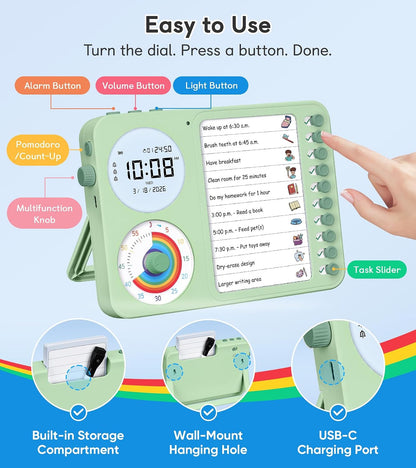 3-in-1 Visual Timer & ADHD Tool for Kids with Chore Chart & Planning Board | ADHD Task Timer for Adults with Visual Schedule, To-Do List & Planning Board for Home, School, Classroom, Work