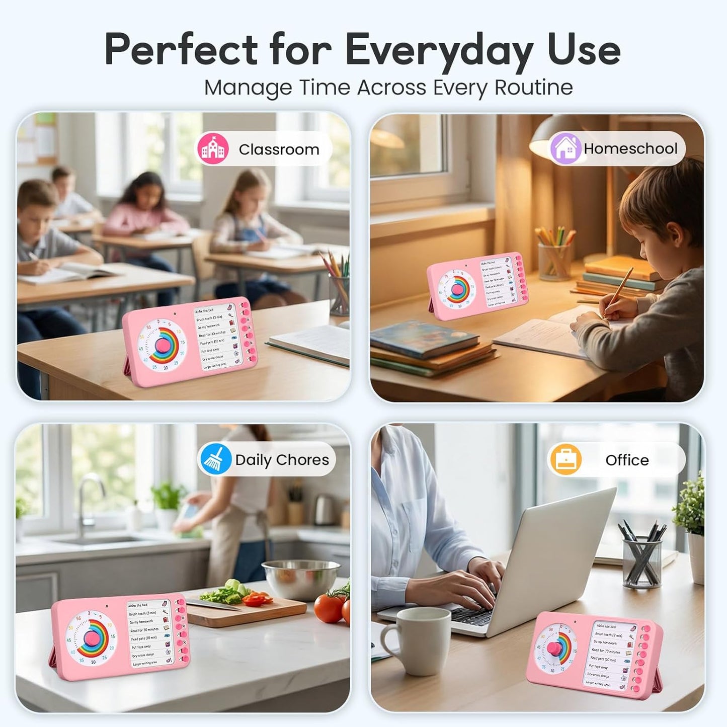 2-in-1 Visual Timer ADHD with Task Board, to-Do List, Checklist | Dry Erase Chore Chart and Visual Schedule for Kids ADHD, Rainbow Countdown Timer for Classroom, Home, Homeschool (White)