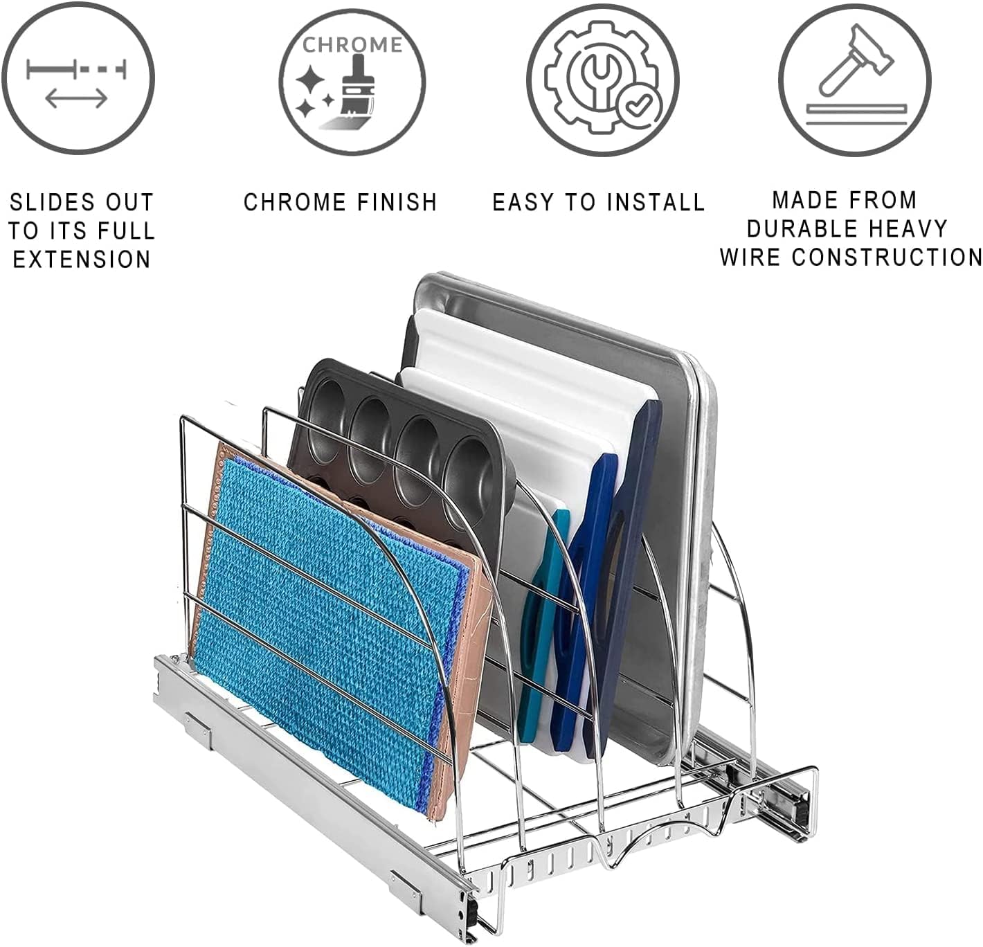 Pull Out Organizer for Bakeware, Cutting Board and Trays, 8.5"W x 21"D | Stores Cutting Board and Trays, Adjustable Dividers, Heavy Duty, Lifetime Limited Warranty - For Narrow Cabinet Spaces