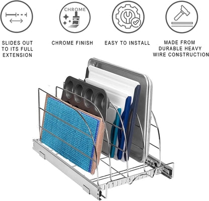 Pull Out Organizer for Bakeware, Cutting Board and Trays, 8.5"W x 21"D | Stores Cutting Board and Trays, Adjustable Dividers, Heavy Duty, Lifetime Limited Warranty - For Narrow Cabinet Spaces