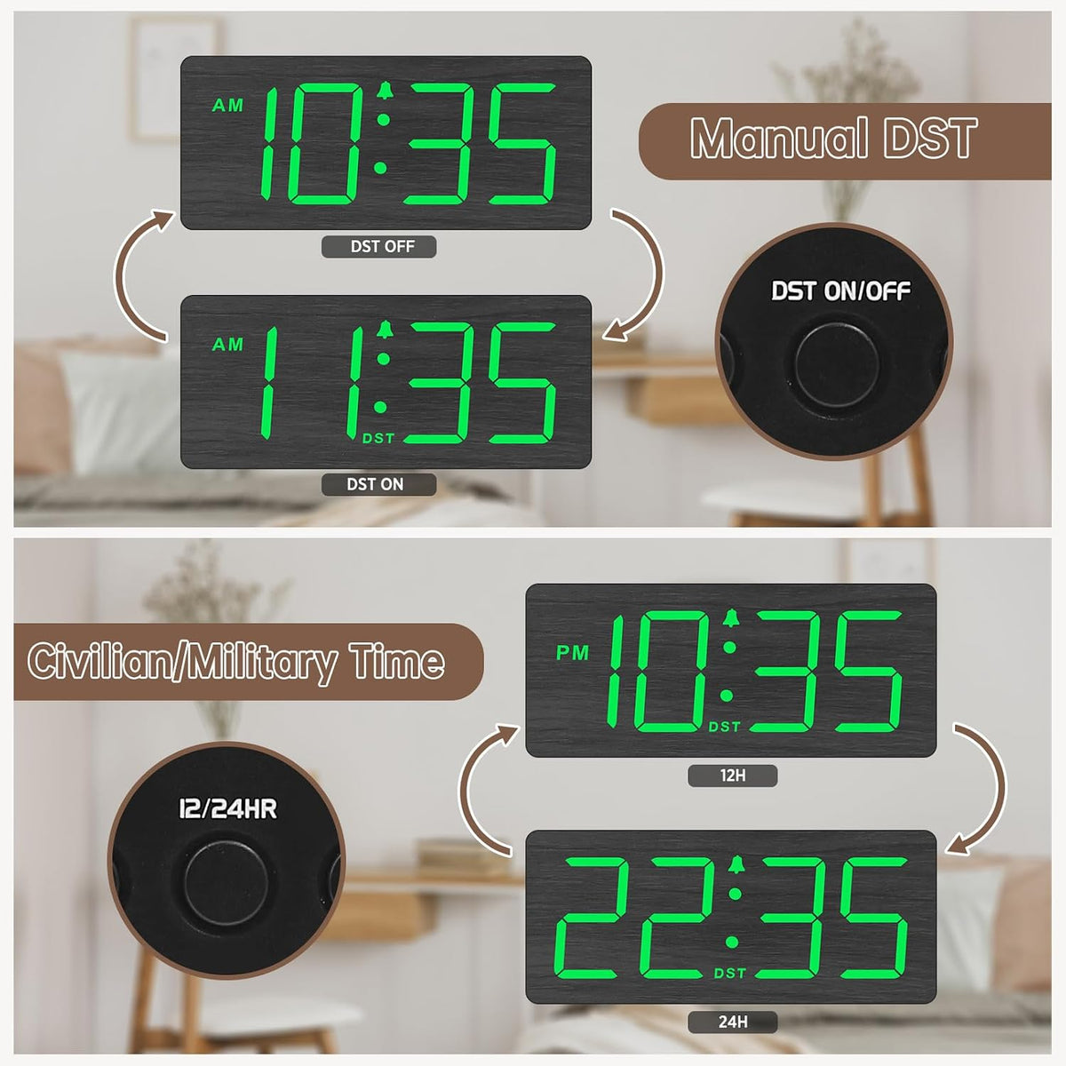 DreamSky Wooden Digital Alarm Clock for Bedroom with Large Numbers