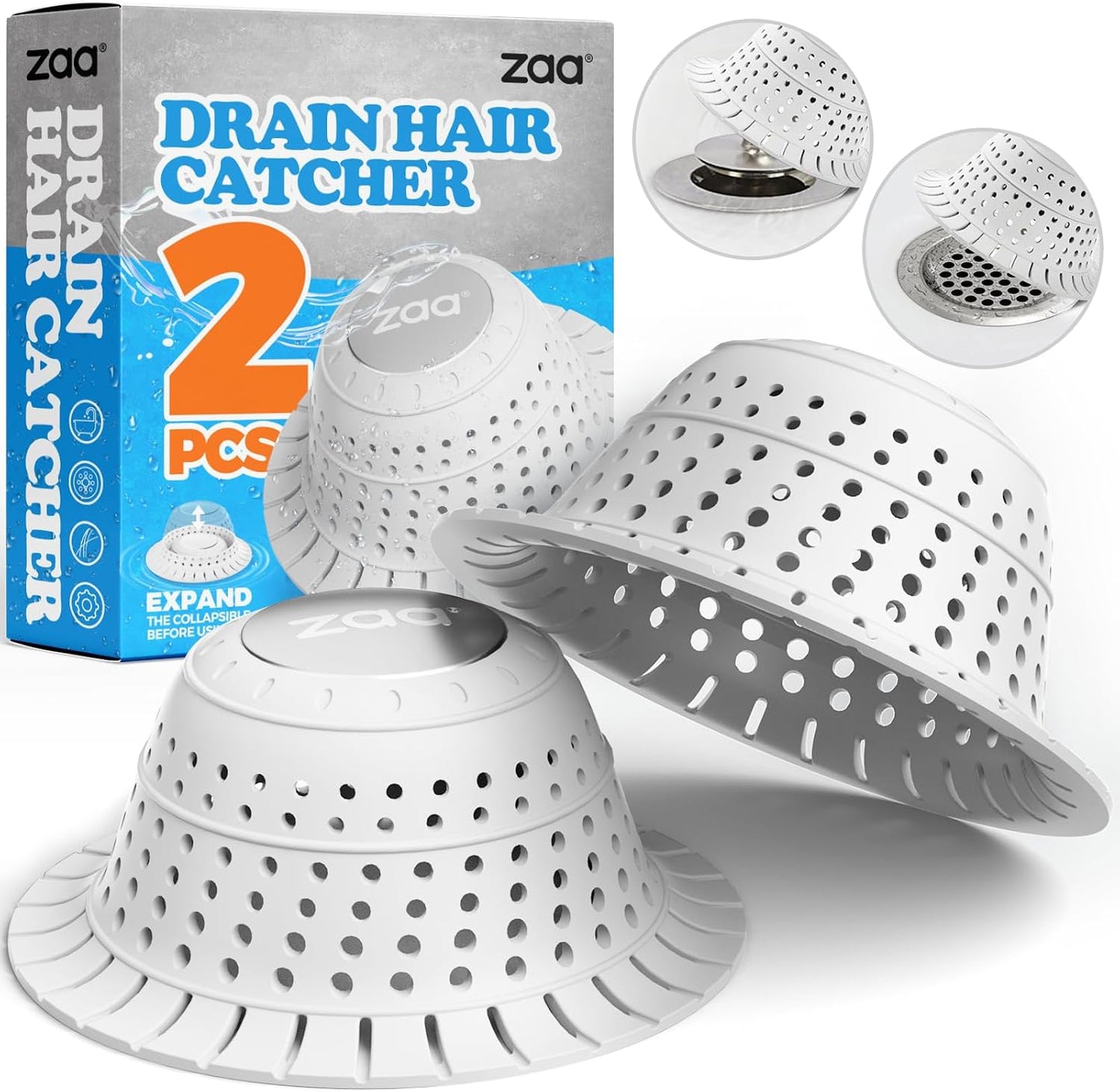 Bathtub Drain Strainer Silicone Bathroom Stopper Fixture Accessories | 2-Pack Gray Collapsible Shower Drain Hair Catcher for Pop Up Tubs, Traps Hair Before Clogs, Easy Clean for Bathroom Sinks