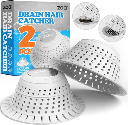 Bathtub Drain Strainer Silicone Bathroom Stopper Fixture Accessories | 2-Pack Gray Collapsible Shower Drain Hair Catcher for Pop Up Tubs, Traps Hair Before Clogs, Easy Clean for Bathroom Sinks