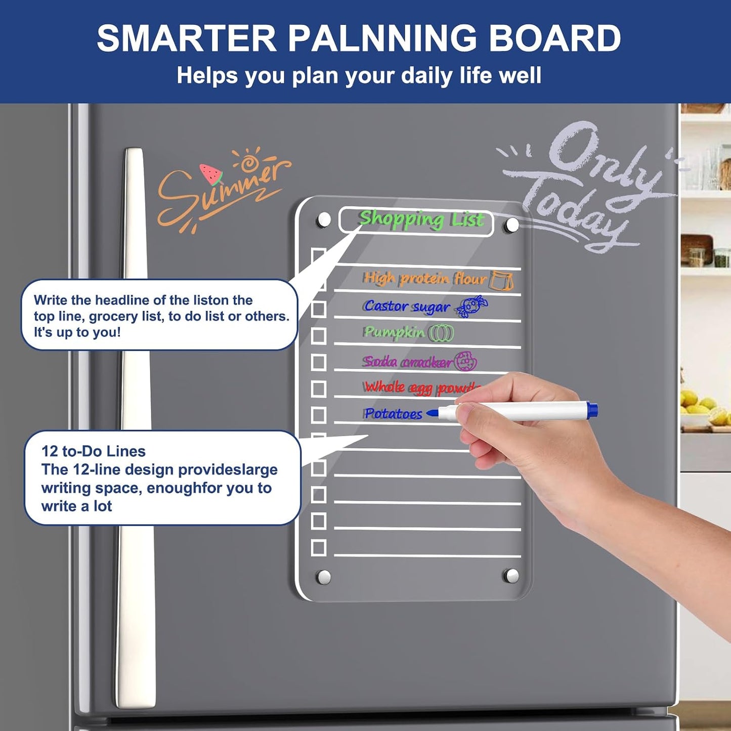 Acrylic Meal Planner Magnetic Menu Board for Kitchen Fridge, 13"x9" Clear Weekly Calendar Planning Board Noteboard Refrigerator Dry Erase Board to Do/Grocery/Shopping Lis Includes 6 Markers