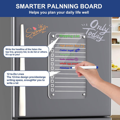 Acrylic Meal Planner Magnetic Menu Board for Kitchen Fridge, 13"x9" Clear Weekly Calendar Planning Board Noteboard Refrigerator Dry Erase Board to Do/Grocery/Shopping Lis Includes 6 Markers