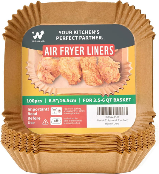 40GSM Air Fryer Liners, 6.5 Inch Air Fryer Liners Disposable, Unbleached Paper For 3-5Qt, Raw Wood Pulp, Double-Sided Silicone, For Health-Conscious Cooks & Busy Families, Square 100pcs