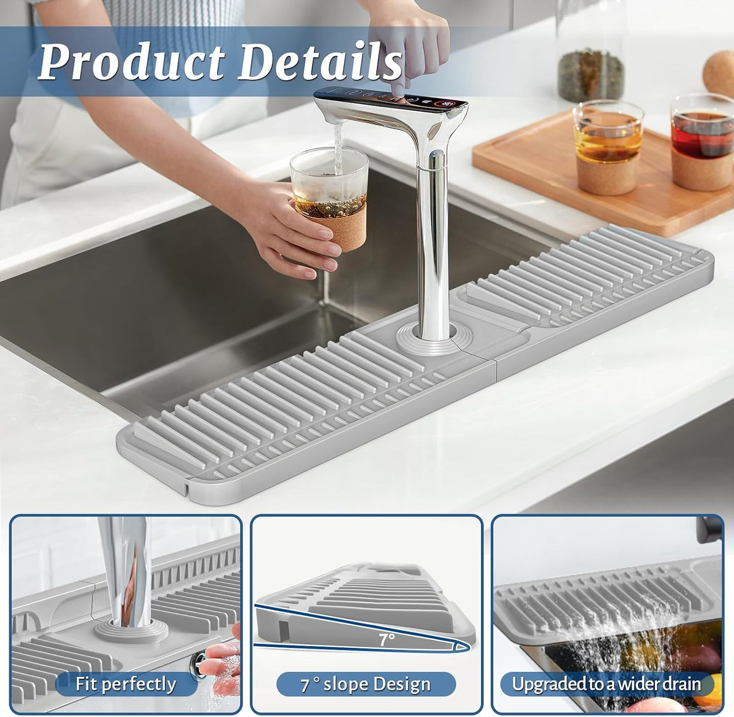 PoYang 24 Inch Faucet Mat for Kitchen Sink Splash Guard, Silicone, Black | Sink Protectors with 7° Slope for Smooth Drainage, Snap Button Holds It in Place, 90° Foldable & Cuttable Hole Fit Most Sinks