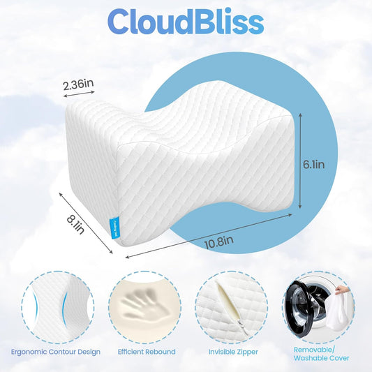 CloudBliss Cooling Gel Knee Pillow for Side Sleepers, Memory Foam, White