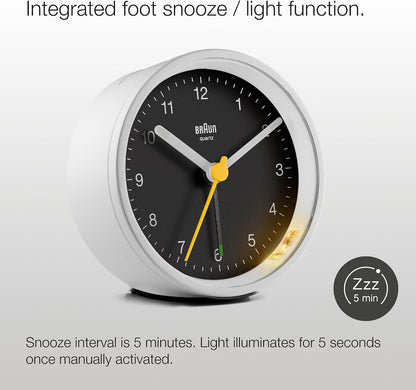 Braun Classic Analogue Alarm Clock with Snooze and Light, Quiet Quartz Movement, Crescendo Beep Alarm in White, Model BC12W.