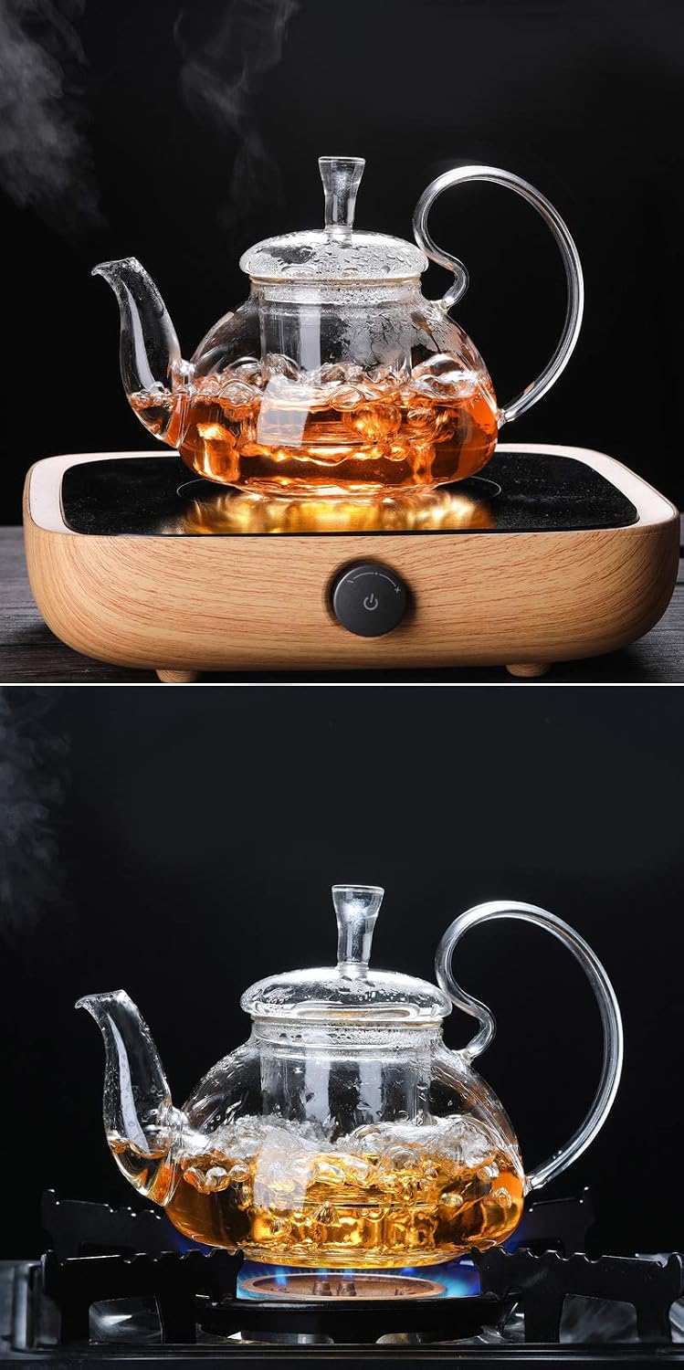 Glass Filtering Tea Maker Teapot with a Warmer and 6 Double-walled Tea Cups Set (Heating base, Standard)