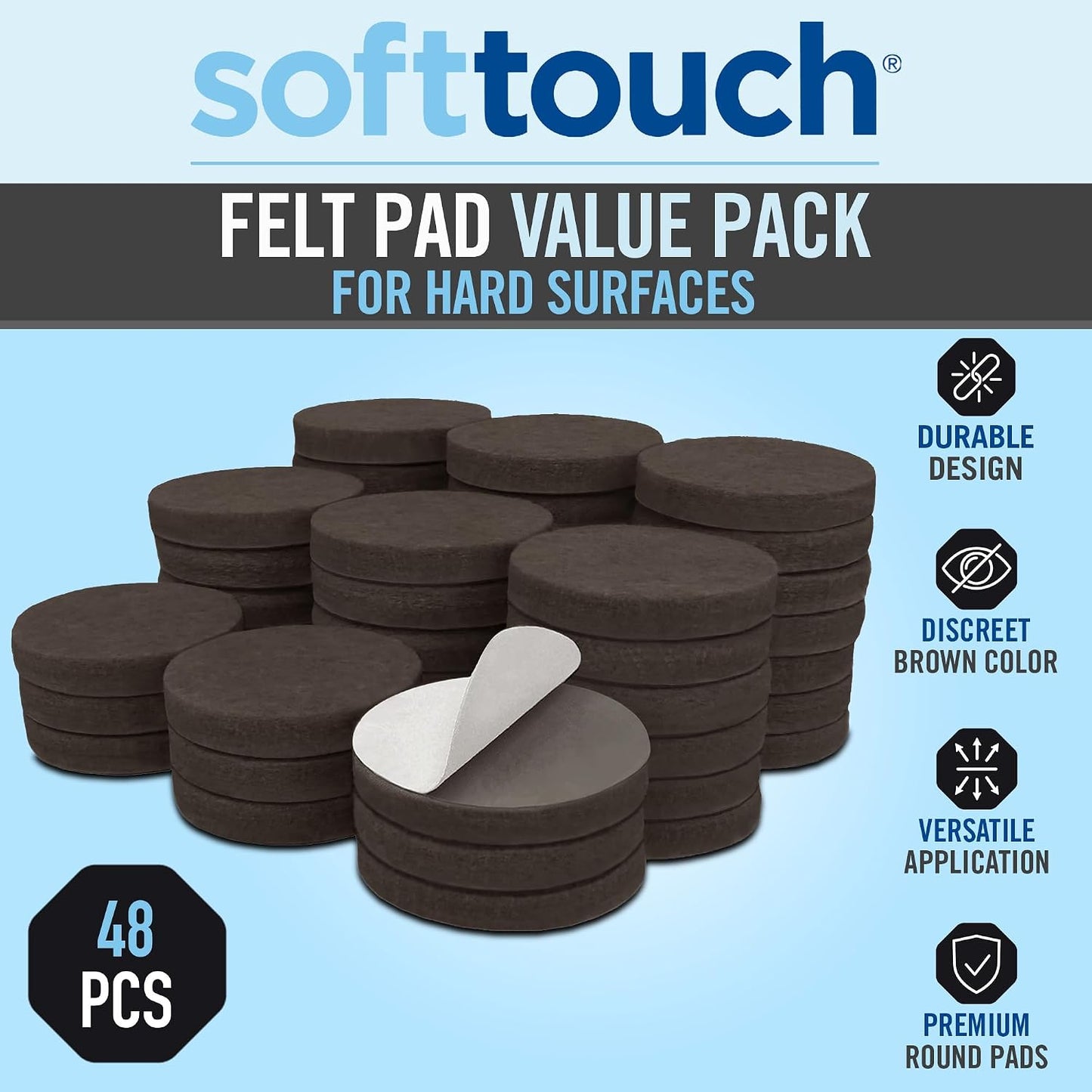 SoftTouch Assorted Size Round Mini Self-Stick Furniture Slider Felt Pads for Hard Surfaces, Noise-Reducing Adhesive Furniture Moving Pads for Beds, Sofas, Dressers, 46-Count, Brown