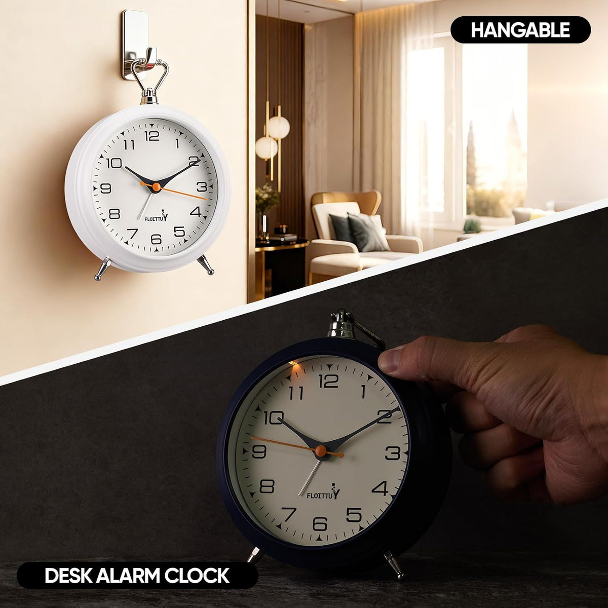 FLOITTUY 4.5" Battery Operated Antique Retro Analog Metal Alarm Clock, Silent Bedside Desk Clock, Wall-Hanging Vintage Clock(Exquisite Bronze)