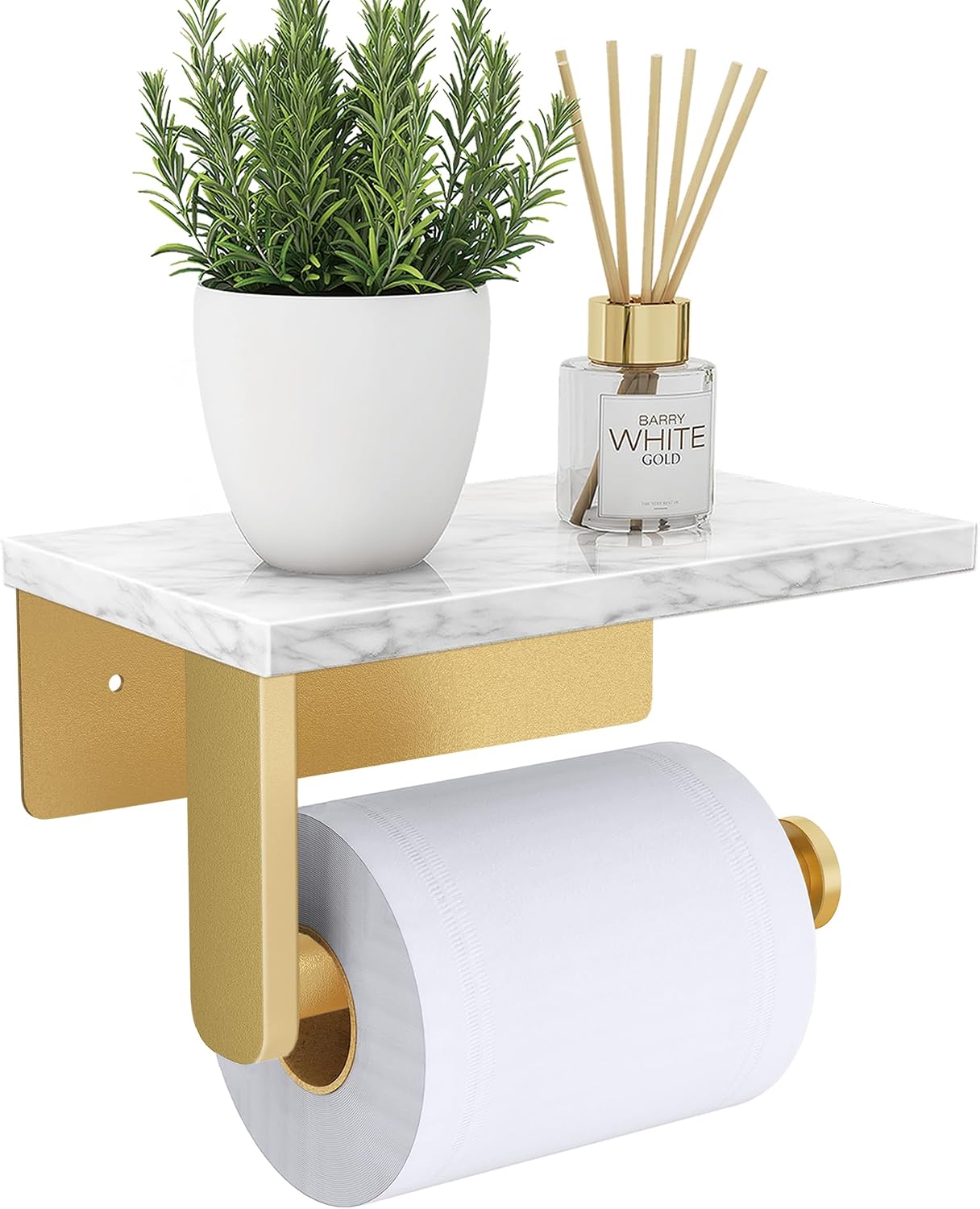 Gypie Marble Toilet Paper Holder with Shelf, Wall Mounted Matte Black | Stainless Steel Tissue Roll Paper Holder Dispenser for Bathroom Washroom