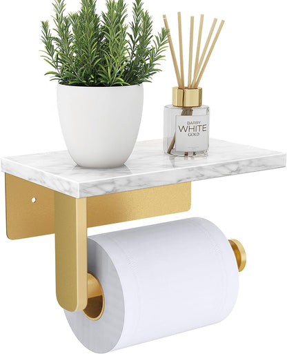 Gypie Marble Toilet Paper Holder with Shelf, Wall Mounted Matte Black | Stainless Steel Tissue Roll Paper Holder Dispenser for Bathroom Washroom