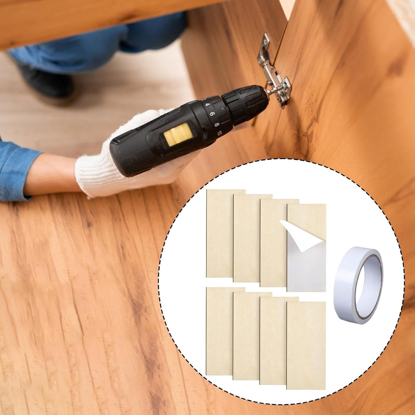 8 Pieces Hinge Repair Wooden Plate Door Hole Cover Plate Wooden Hinge Filler Wood Repair Kit with Tape Simple Panel Suitable for Cabinet, Square Corner, 8 Piece
