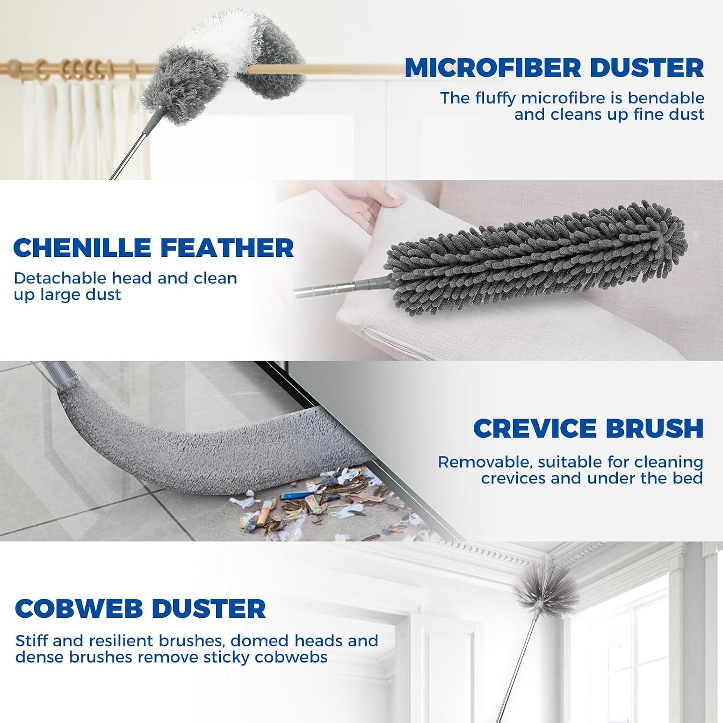 Retractable Gap Dust Cleaner Cleaning Tools with 2 Microfiber Dusting Cloths Long Handle 60inches Washable and Retractable Duster Brush for Cleaning Under Appliances Furniture Couch Fridge