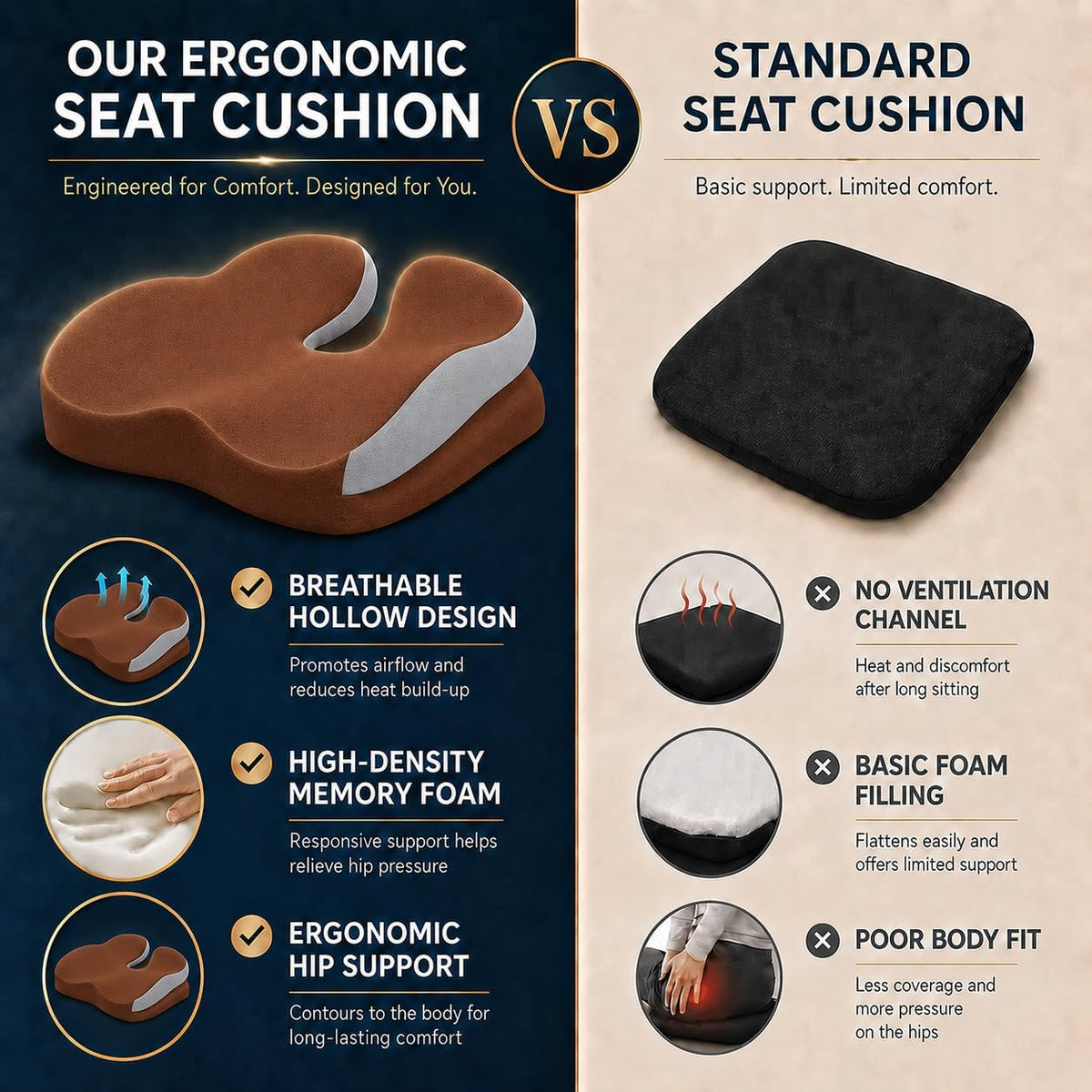 Memory Foam Ergonomic Seat Cushion for Office Chairs Pain Relief
