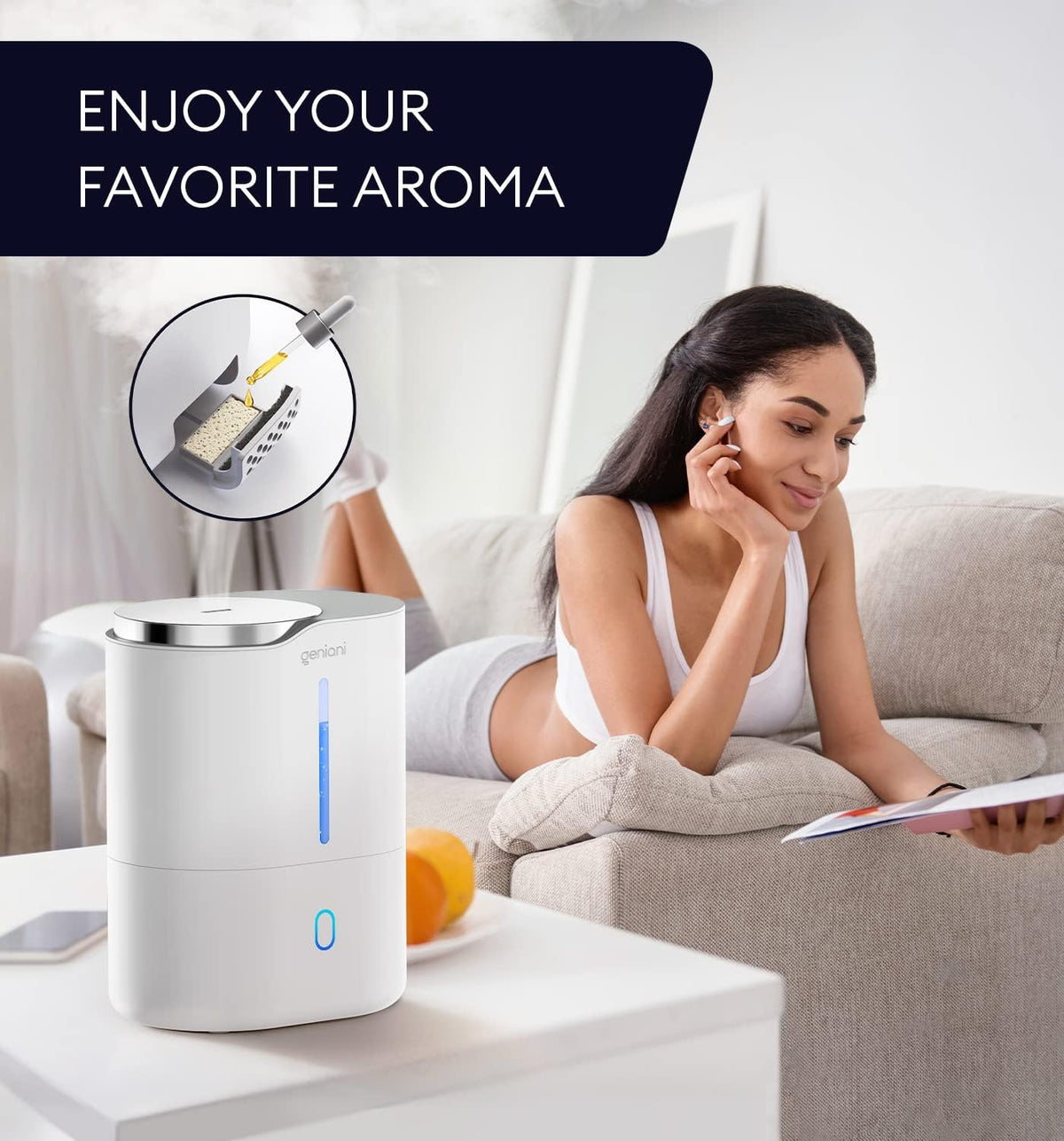 GENIANI Cool Mist Air Humidifiers for Bedroom, Plants, and Large Rooms - Quiet Humidifiers for Baby Room with Auto Shut Off & Night Light (3.9L, White)