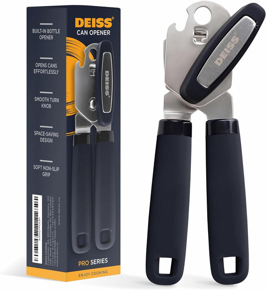 Deiss PRO Hand Held Can Opener – Smooth Edge Can Opener Manual & Bottle Opener, Heavy Duty Stainless Steel Can Openers, Effortless Turn Knob, Sharp Blade for Easy Cutting, Non-Slip Ergonomic Handle
