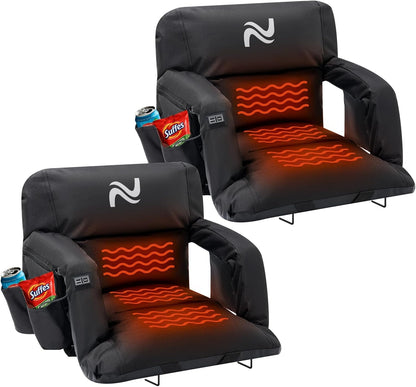 Wide Heated Stadium Seat for Bleachers w/Back Support & Cushion | 5-Position Adjustable Heated Stadium Seat with Armrests, 3 Heat Levels, Anti-Slip, Side Pockets, Backpack Straps (No Battery)