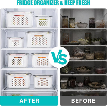 HOMETALL 4 Pack Fruit Storage Containers for Fridge Set, Produce Containers for Fridge with Strainer, Plastic Reusable Fridge Organizers and Storage for Berry Salad Lettuce, Size 3.4, 1.8, 0.9, 0.4QT