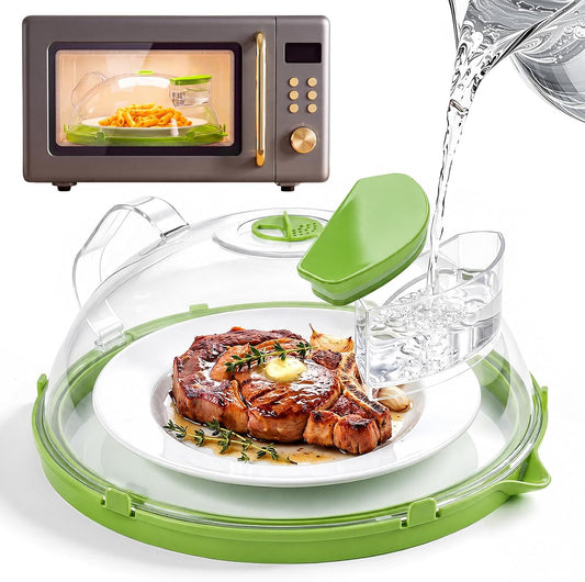 Microwave Splatter Cover for Food with Water Steamer 12inch, Food-Grade | Microwave Splatter Guard, BPA-Free, Microwave-Safe, Rotating Vent, Anti-Scald Handle, with Silicone Trivet and Gap Brush
