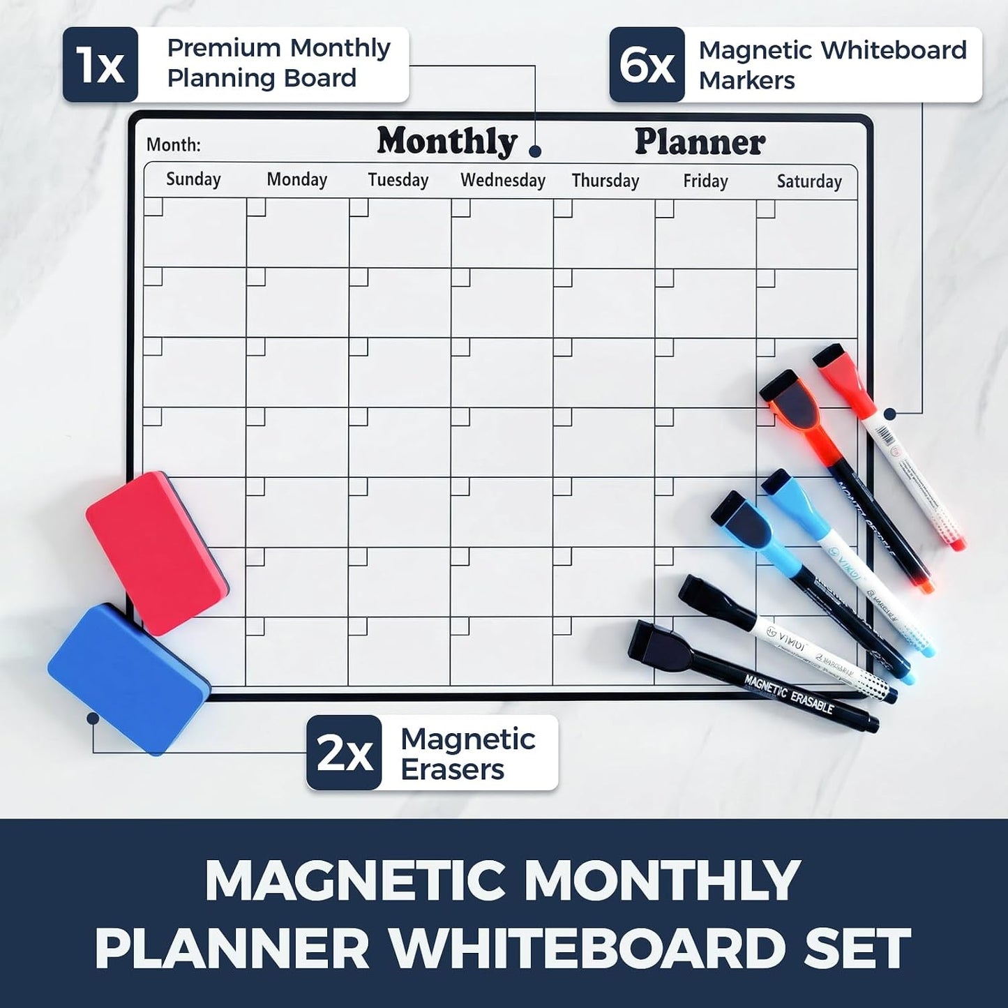 Magnetic Dry Erase Calendar for Refrigerator - 11"x8" Compact Fridge Whiteboard with 6 Markers & 2 Erasers, Weekly Planner, Sunday Start