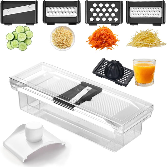 Mandoline Vegetable Slicer with Container, 4 Blades and Juicer | 4 Interchangeable Blades,Large Clear Catch Container,Safety Food Holder,Citrus Juicer Attachment,BPA and PFAS Free Material
