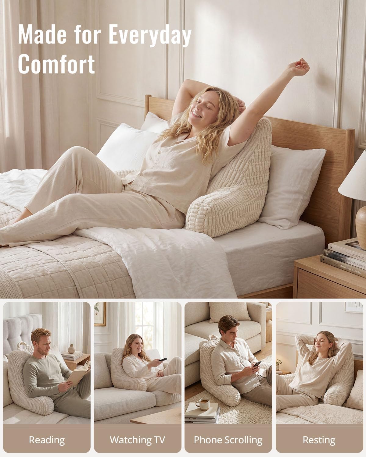 Blissful Diary Reading Pillow, Backrest Pillow with Shredded Memory Foam for Adult & Children, Designed for Bed and Couch Sitting Up, Includes Arms, Pockets and Washable Cover, Off White
