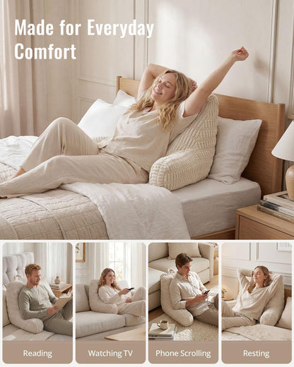 Blissful Diary Reading Pillow, Backrest Pillow with Shredded Memory Foam for Adult & Children, Designed for Bed and Couch Sitting Up, Includes Arms, Pockets and Washable Cover, Off White