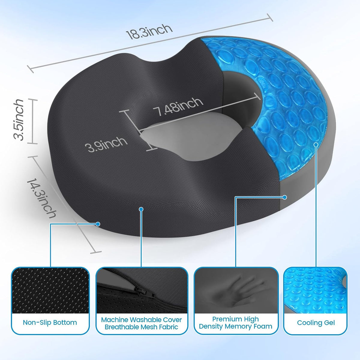 Donut Pillow Seat Cushion, Cooling Gel Memory Foam Chair Cushion, Black
