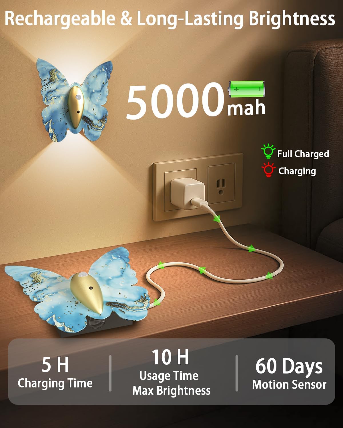 Eneru Motion Sensor Wall Sconce Set of 2, Rechargeable Wall Lights, Indoor