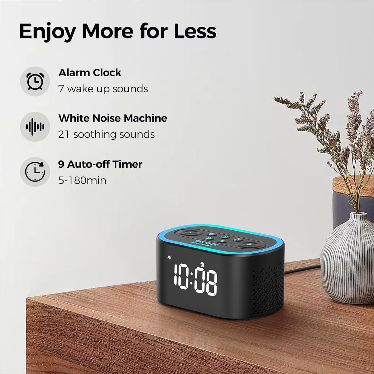 REACHER Digital Alarm Clock & White Noise Sound Machine for Bedroom